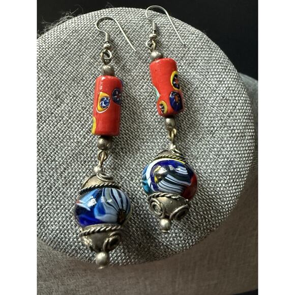 Vintage 1950’s Murano Glass French Dangle Drop Earrings Artisan Boho Festival - Picture 1 of 5